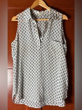Pleione White & Black Geometric Print Sheer Sleeveless Top Size XL